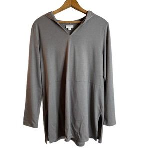 J. Jill Women's Hoodie Tunic Top L Gray Long Sleeve V-Neck Slit Hem Cotton Blend